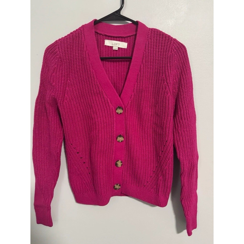 LOFT Sweater Women's XS Pink Rib-Knit V-Neck Button Front Cardigan Lightweight